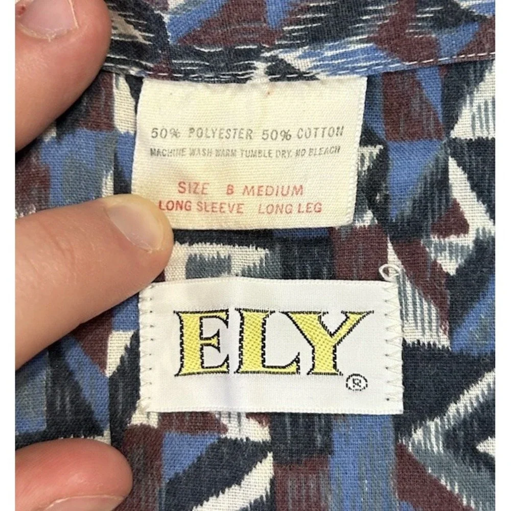 Ely Mens Size M Bue Red Long Sleeve Geometric Print Button Down Shirt (T1)